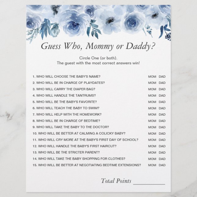 Dusty Blue Floral Mummy or Daddy Baby Shower Game  Flyer (Front)