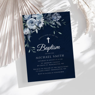 Dusty blue floral navy blue baptism invitation