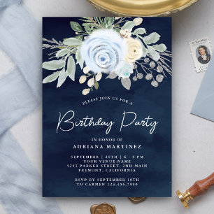 Dusty Blue Floral Navy Blue Birthday Party Invitation