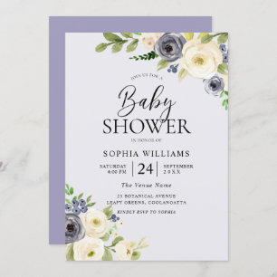 Dusty Blue Floral Navy Boys Baby Shower Invitation