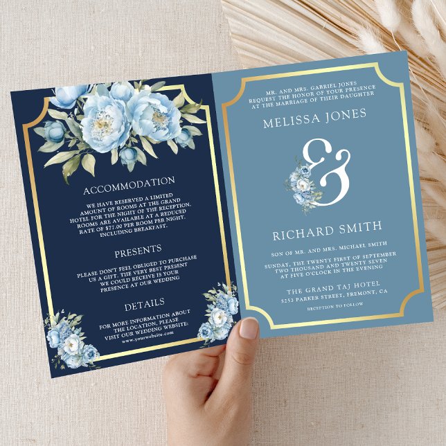 Dusty Blue Floral Navy QR Code All in One Wedding Invitation (Creator Uploaded)