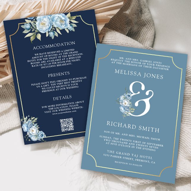 Dusty Blue Floral Navy QR Code All in One Wedding  Invitation (Creator Uploaded)