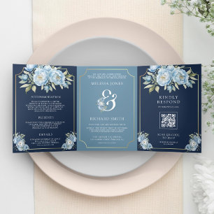 Dusty Blue Floral Navy QR Code All in One Wedding Tri-Fold Invitation