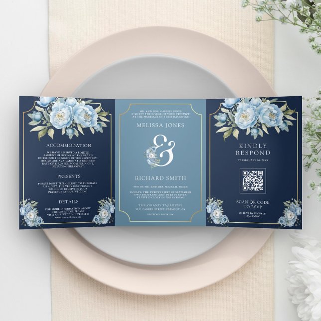 Dusty Blue Floral Navy QR Code All in One Wedding Tri-Fold Invitation (Creator Uploaded)