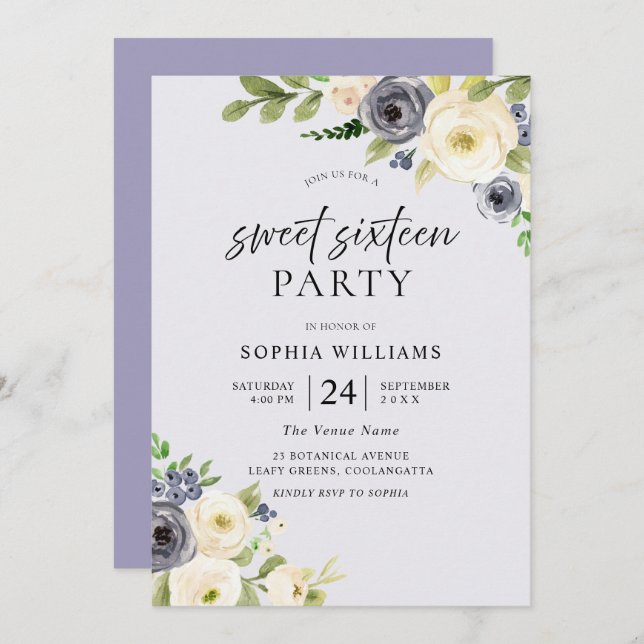 Dusty Blue Floral Navy Sweet 16 Party Invitation (Front/Back)