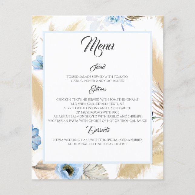 Dusty Blue Floral Pampas Grass Wedding Menu (Front)