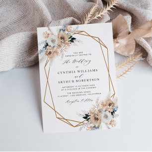 dusty blue floral pampass wedding invitation