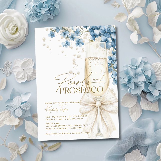Dusty Blue Floral Pearls & Prosecco Bridal Shower Invitation (Creator Uploaded)