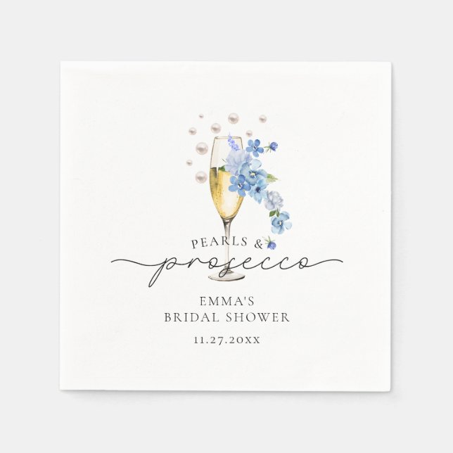 Dusty Blue Floral Pearls & Prosecco Bridal Shower Napkin (Front)