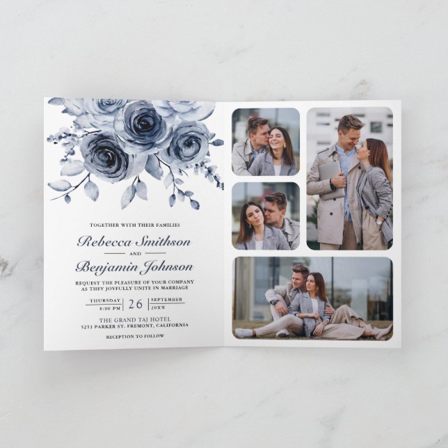 Dusty Blue Floral Photo Collage QR Code Wedding Invitation (Inside)