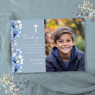 Dusty Blue Floral Photo First Holy Communion Thank You Card