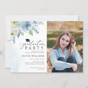Dusty Blue Floral Photo Graduation Party Invitation
