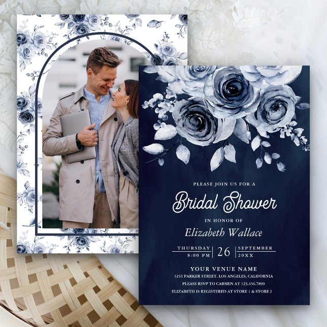Dusty Blue Floral Photo Navy Bridal Shower Invitation (Creator Uploaded)