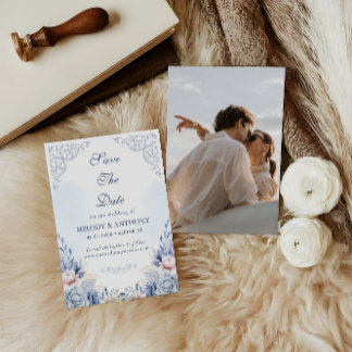 Dusty Blue Floral Photo Save the Date