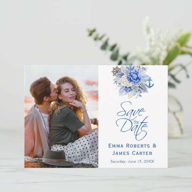 Dusty Blue Floral Photo Save the Date (Standing Front)