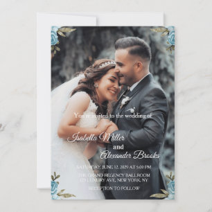 Dusty Blue Floral Photo Wedding Invitation