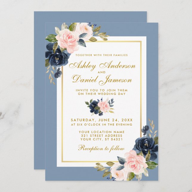Dusty Blue Floral Pink Blush Gold Frame Wedding Invitation (Front/Back)