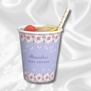 Dusty Blue Floral Pink Butterfly Baby Shower Paper Cups