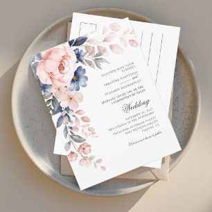 Dusty Blue Floral Pink Watercolor Bloom Wedding Invitation Postcard