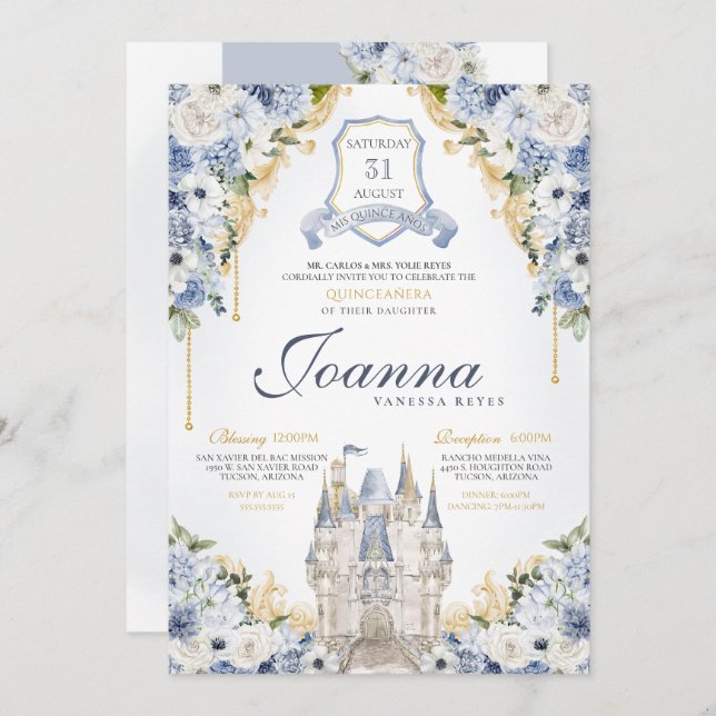 Dusty Blue Floral Princess Castle Royal Quince Invitation (Front/Back)
