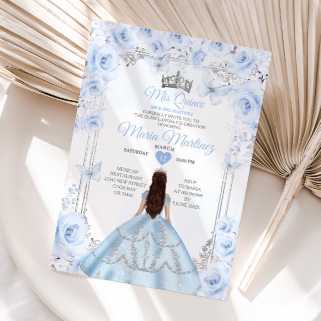 Dusty Blue Floral Princess Mis Quince 15 Anos Invitation (Creator Uploaded)