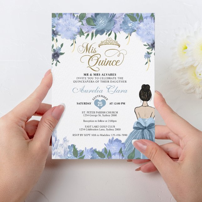 Dusty Blue Floral Princess Mis Quince Quinceañera Invitation (Creator Uploaded)
