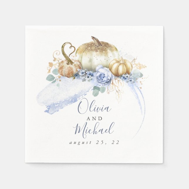 Dusty Blue Floral Pumpkins Cute Fall Party Napkin (Front)