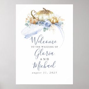 Dusty Blue Floral Pumpkins Fall Wedding Welcome Poster