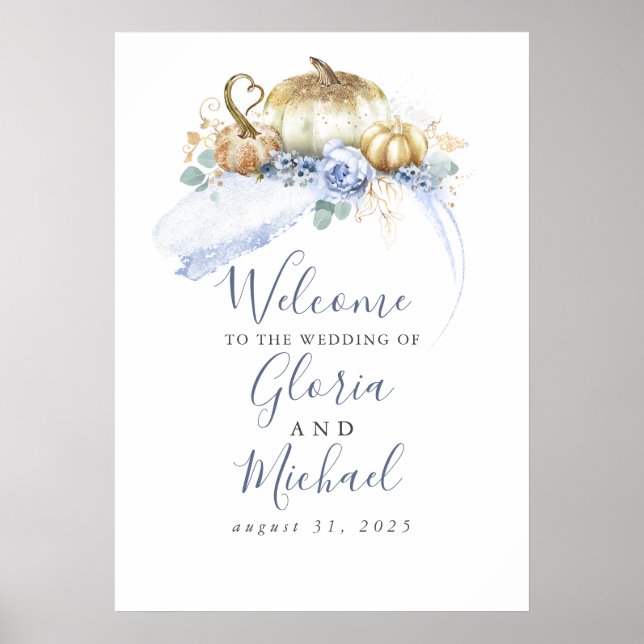 Dusty Blue Floral Pumpkins Fall Wedding Welcome Poster (Front)