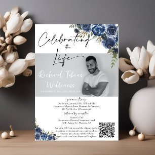 Dusty Blue Floral QR Code Memorial Photo Funeral Invitation