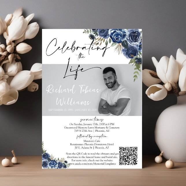 Dusty Blue Floral QR Code Memorial Photo Funeral Invitation (Creator Uploaded)