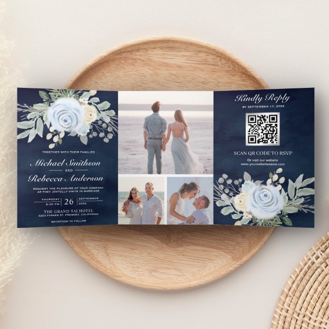 Dusty Blue Floral QR Code Navy Wedding Tri-Fold Invitation (Creator Uploaded)