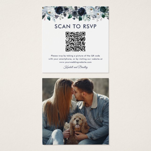 Dusty Blue Floral QR Code Photo Wedding RSVP (Front & Back)
