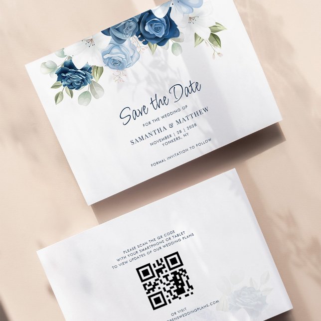 Dusty Blue Floral QR Code Wedding Save the Date (Dusty Blue Floral Greenery QR Code Wedding Save the Date Announcement)