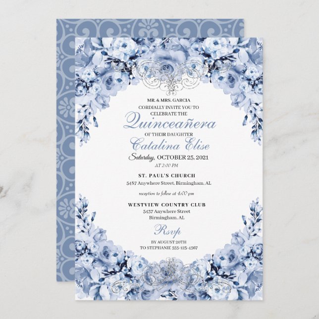 Dusty Blue Floral Quinceanera Birthday Invitation (Front/Back)