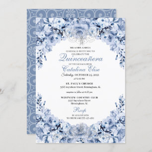 Dusty Blue Floral Quinceanera Birthday Invitation