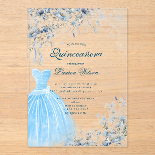 dusty blue floral  Quinceañera Invitation