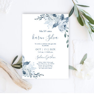 Dusty Blue Floral Quinceanera Invitation
