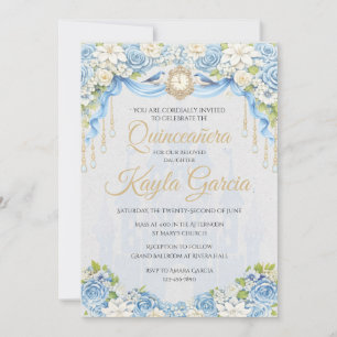 Dusty Blue Floral Quinceañera Invitation   Elegant