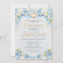 Dusty Blue Floral Quinceañera Invitation | Elegant