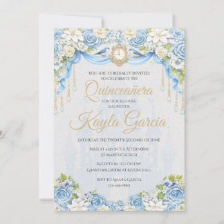 Dusty Blue Floral Quinceañera Invitation | Elegant