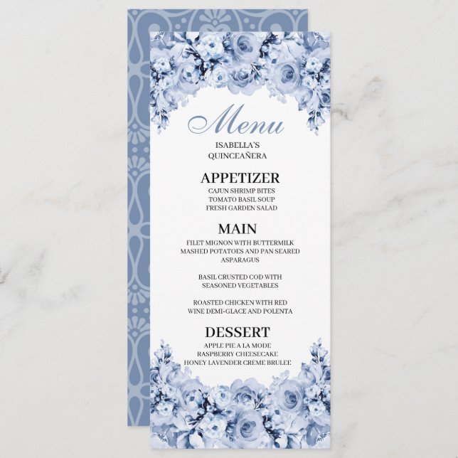 Dusty Blue Floral Quinceanera Menu Invitation (Front/Back)