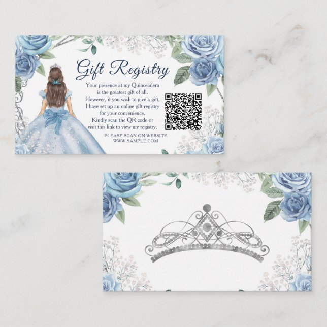 Dusty Blue Floral Quinceañera QR Gift Registry Enclosure Card (Front/Back)
