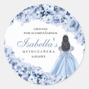 Dusty Blue Floral Quinceanera Round Stickers
