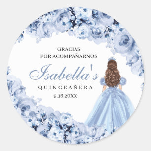 Dusty Blue Floral Quinceanera Round Stickers