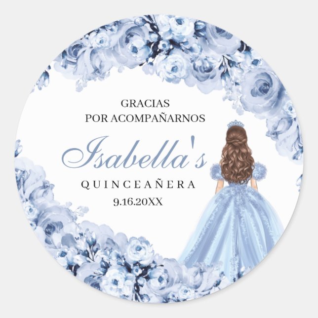 Dusty Blue Floral Quinceanera Round Stickers (Front)