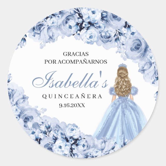 Dusty Blue Floral Quinceanera Round Stickers (Front)