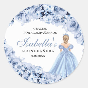 Dusty Blue Floral Quinceanera Round Stickers
