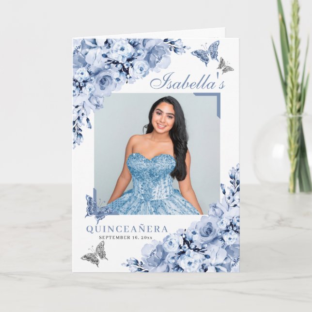 Dusty Blue Floral Quinceanera Tiara Butterflies Program (Front)