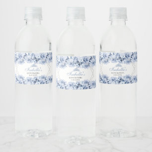 Dusty Blue Floral Quinceanera Water Bottle Label